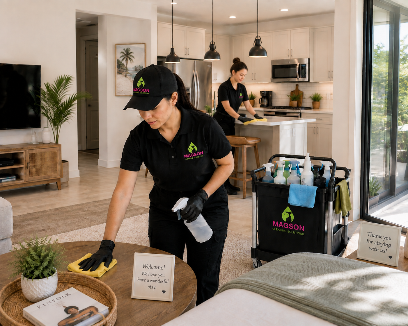 MAGSON cleaning team in black uniforms wiping surfaces and cleaning the kitchen of a bright modern Arizona home