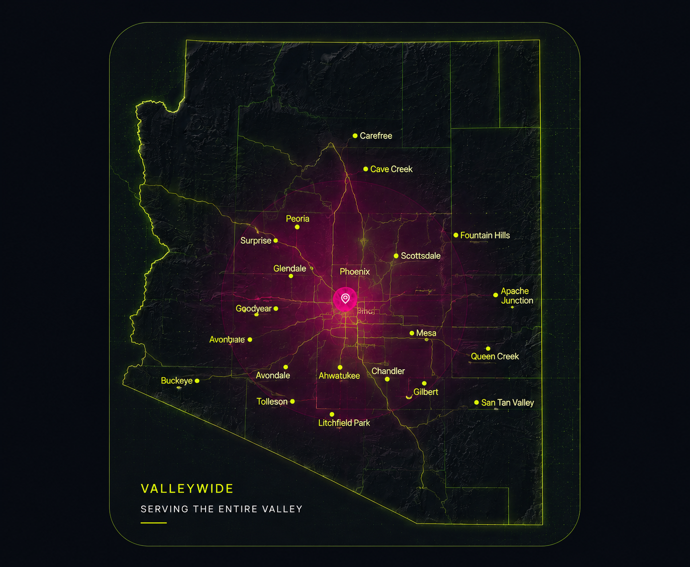 Mapa de Arizona destacando el área de servicio Valleywide de MAGSON con Phoenix, Mesa, Gilbert, Chandler, Scottsdale y más ciudades