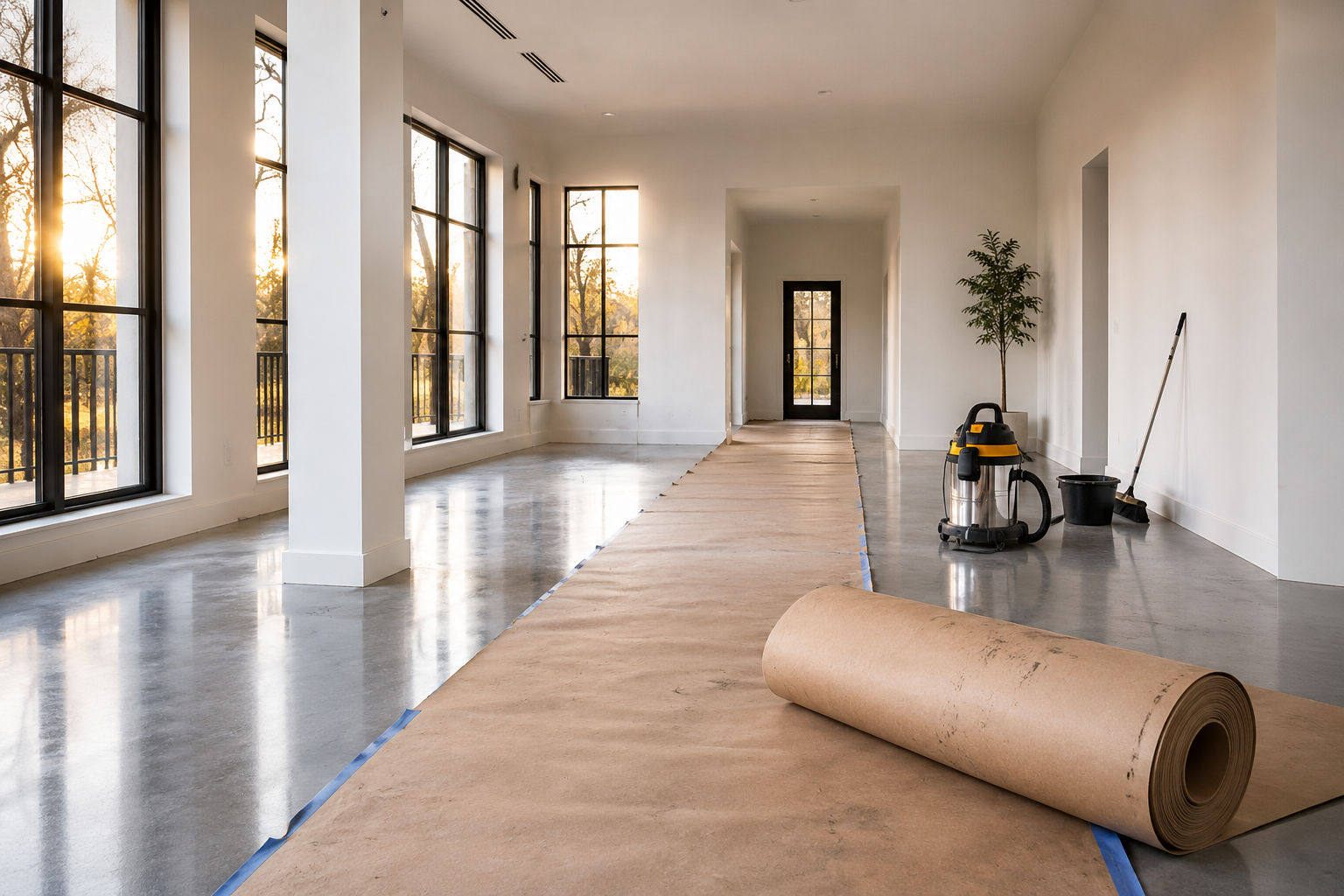 Newly finished home interior with polished concrete floors, floor protection paper, vacuum and mop staged for post-construction cleaning