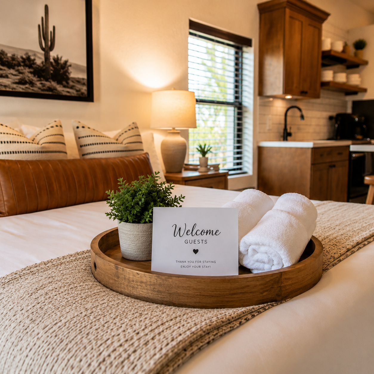 Guest-ready Arizona short-term rental bed with welcome card, rolled towels and fresh linens