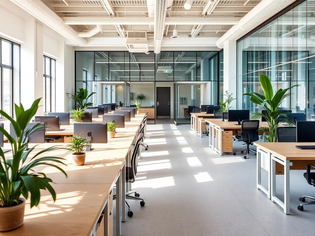 Clean office workspace with tidy desks and clear glass