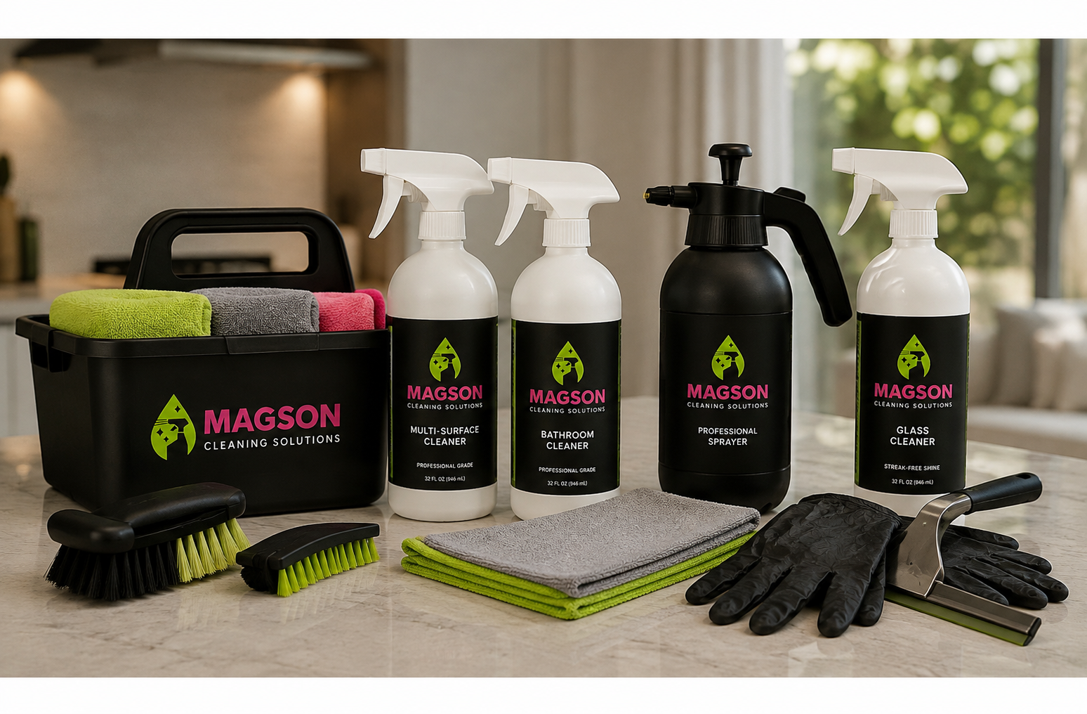 Kit de productos y accesorios de limpieza marca MAGSON sobre una barra de mármol