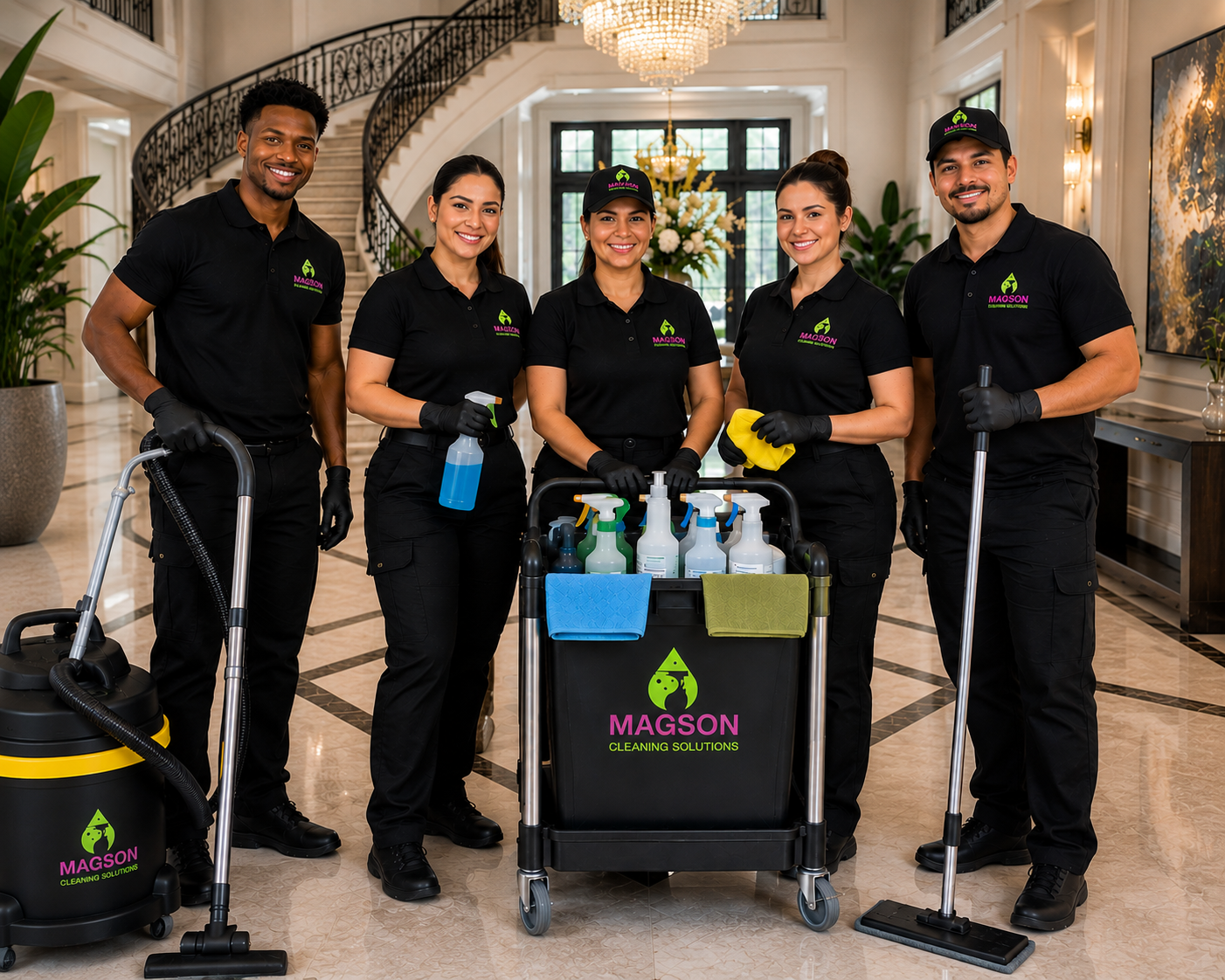Five MAGSON cleaning professionals in branded black uniforms and caps with a branded cleaning cart, vacuum and mop in a luxury home foyer