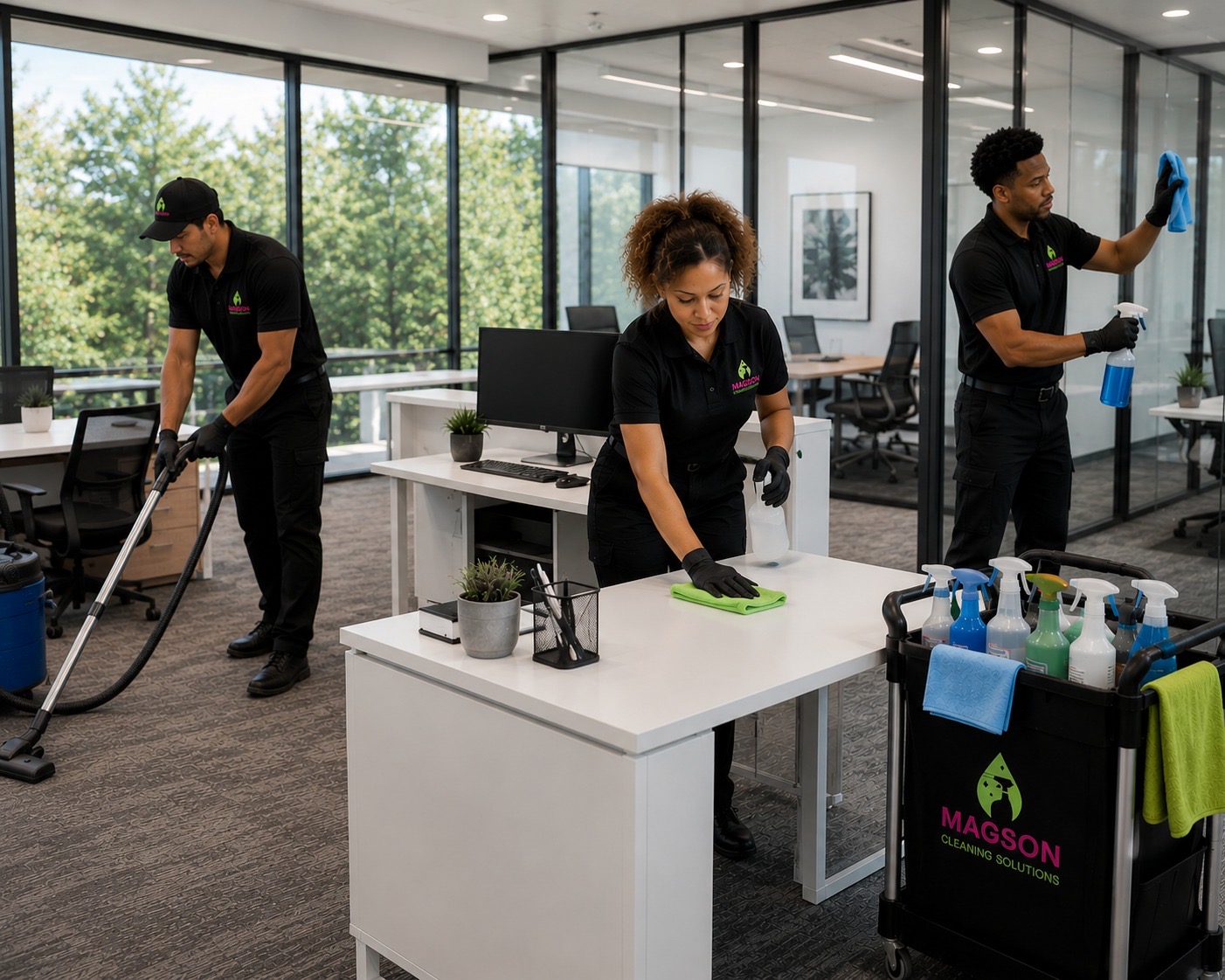 MAGSON crew in black uniforms vacuuming, wiping desks and cleaning glass in a modern open-plan office