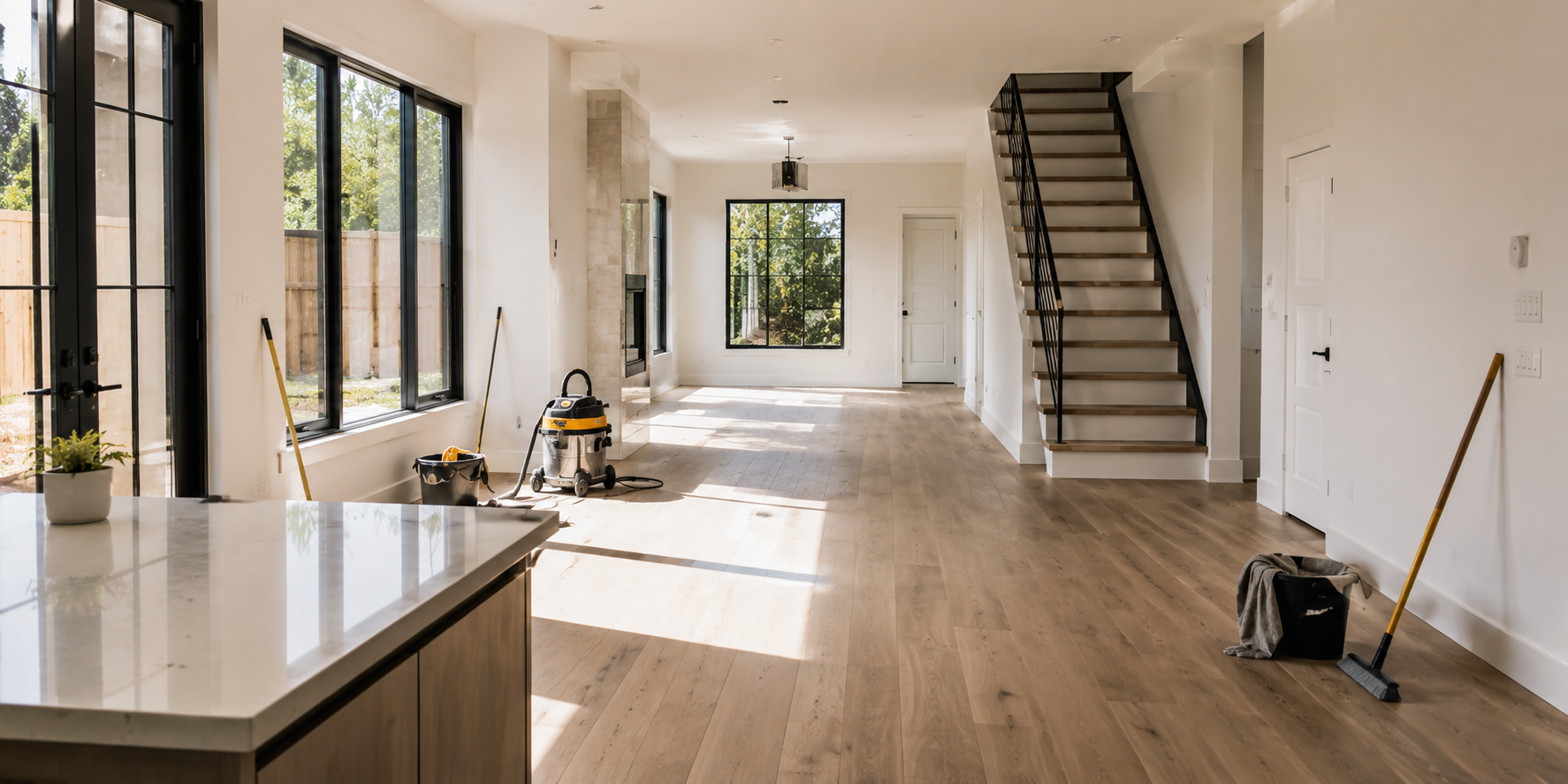 Newly built empty home interior with cleaning equipment during post-construction cleanup