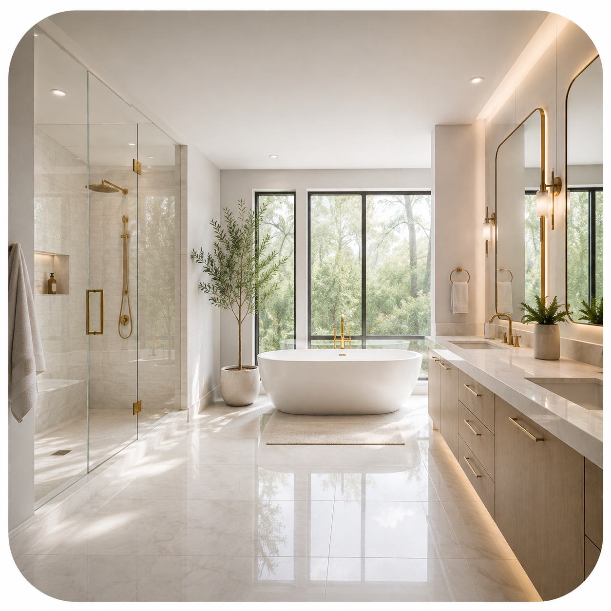 Baño principal impecable con mármol pulido, ducha de cristal y tina independiente