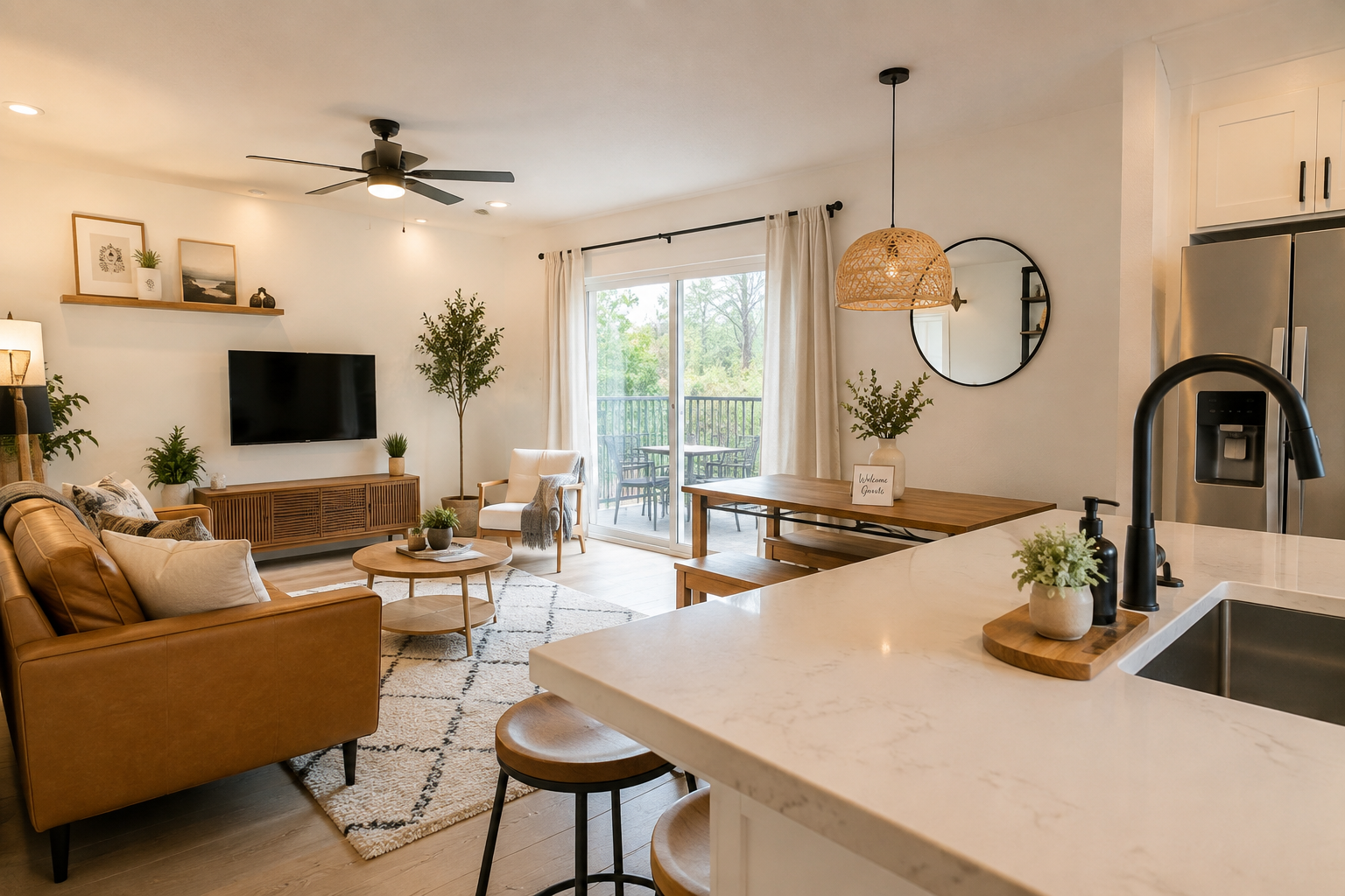 Spotless open-plan living room and kitchen in a short-term rental, staged with a welcome sign for the next guest